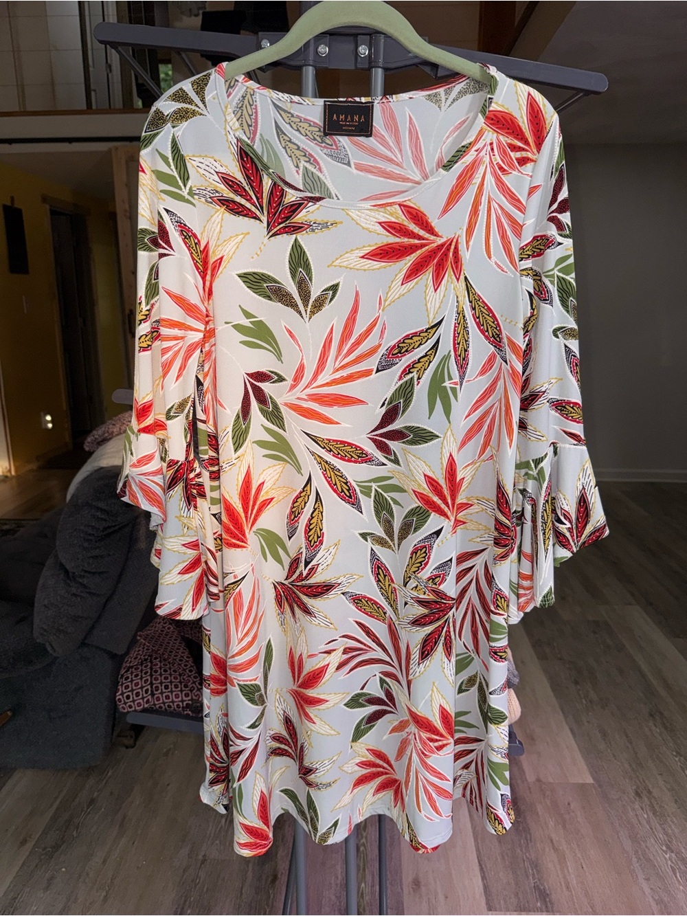 AMANA White Floral Midi Dress with Red & Green Leaf Print